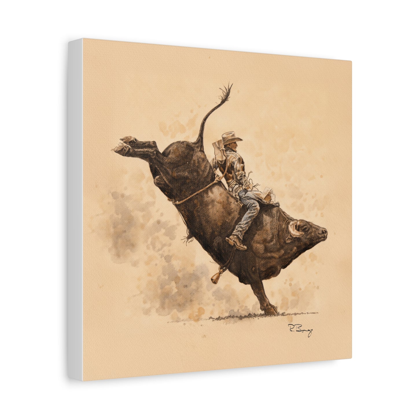 Bull Rider Rodeo Stretched Canvas Art — Watercolor & Pencil Western Wall Decor