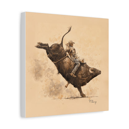 Bull Rider Rodeo Stretched Canvas Art — Watercolor & Pencil Western Wall Decor