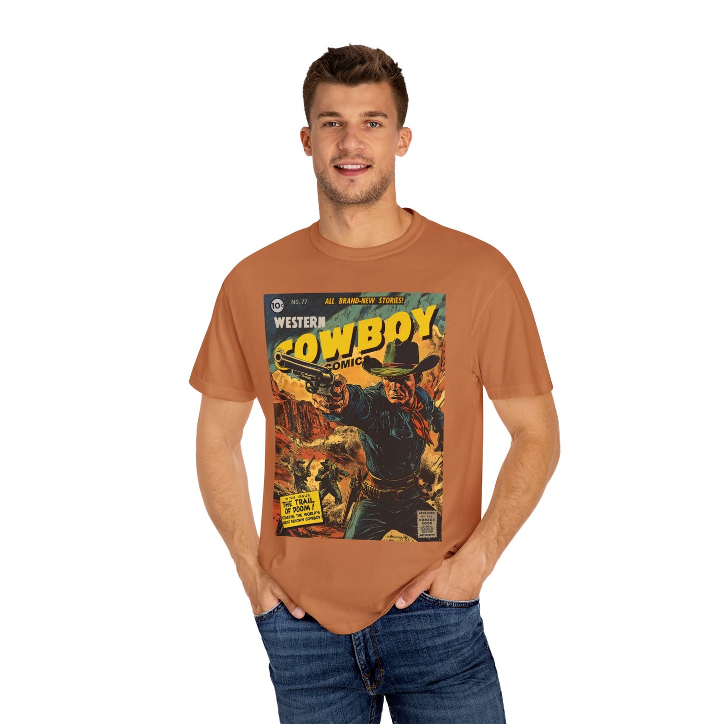Western Comic Book T-Shirt - The Trail of Doom Unisex Garment-Dyed