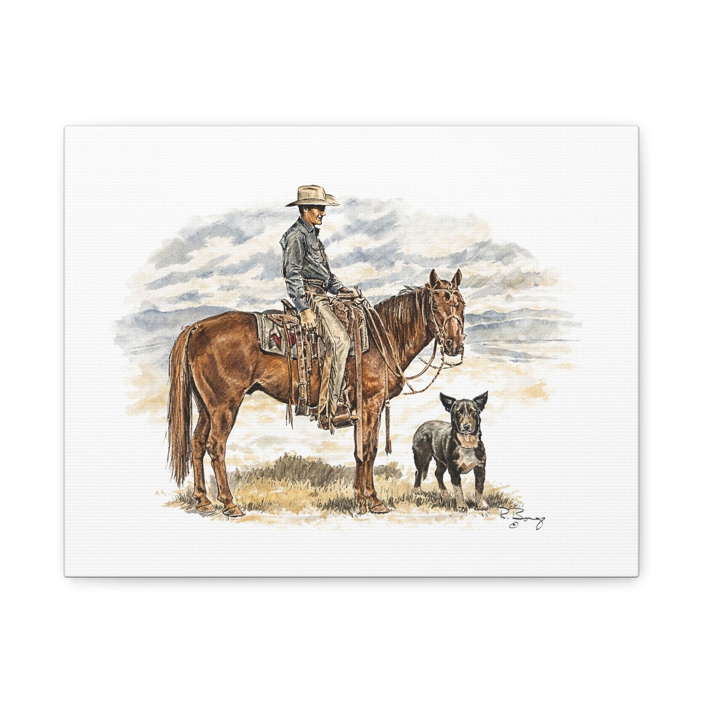 Cowboy, Horse and Dog Stretched Canvas
