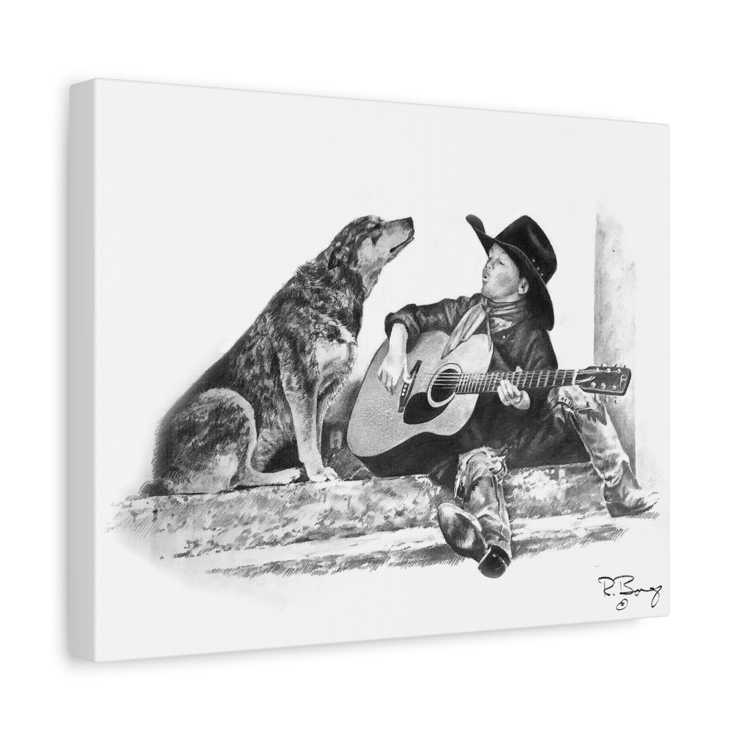 Cowboy Crooners Stretched Canvas, Heeler and Little Cowboy
