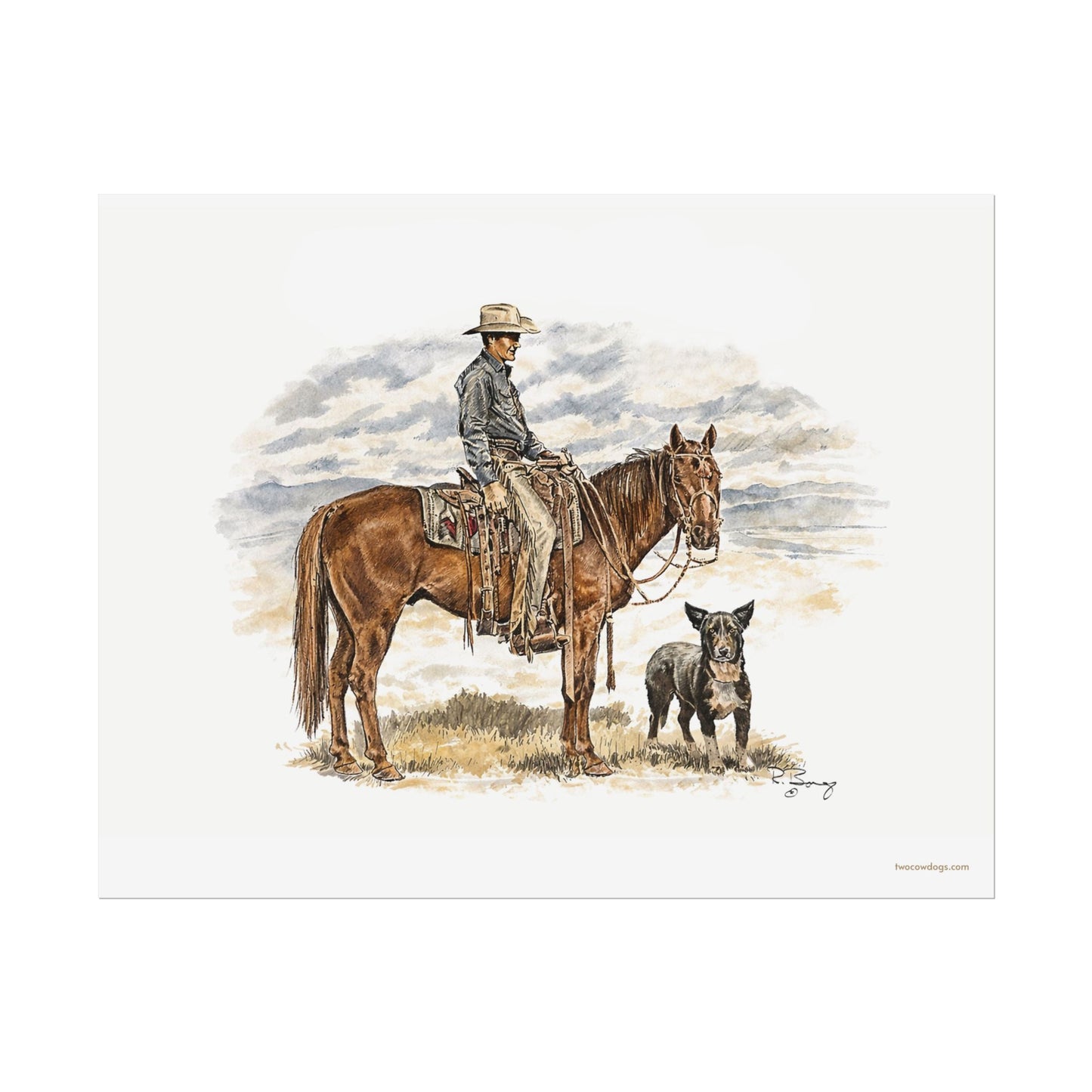 Cowboy, Horse and Dog Print on Fine Art Paper