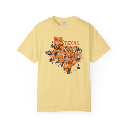 Yellow t-shirt with a colorful map of Texas design