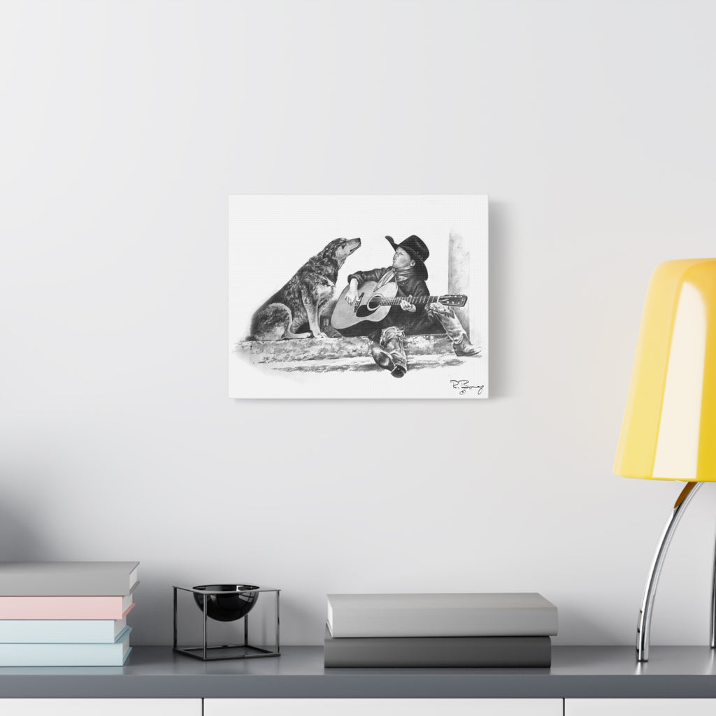 Cowboy Crooners Stretched Canvas, Heeler and Little Cowboy