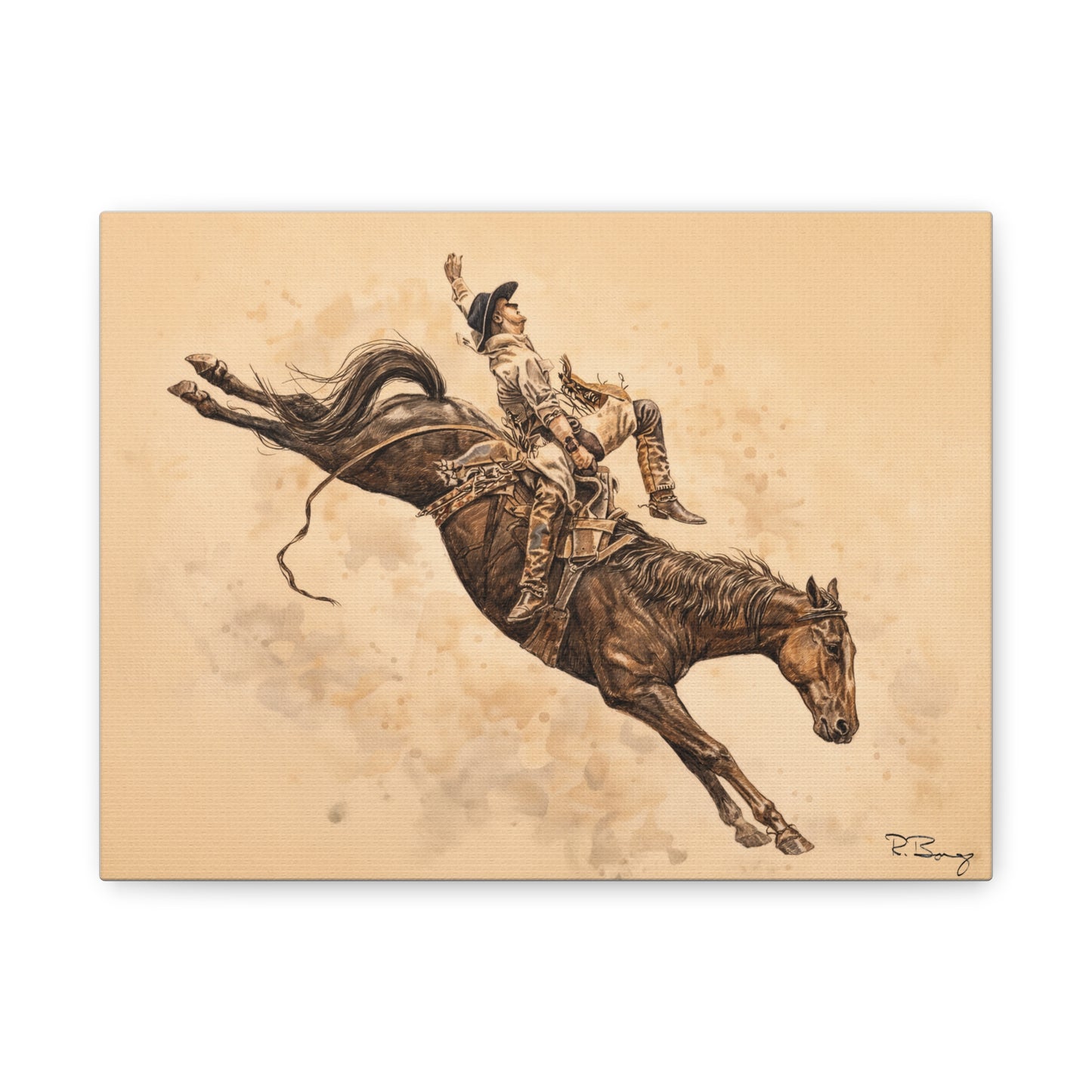 Bareback Rodeo Stretched Canvas Art — Watercolor & Pencil Western Wall Decor