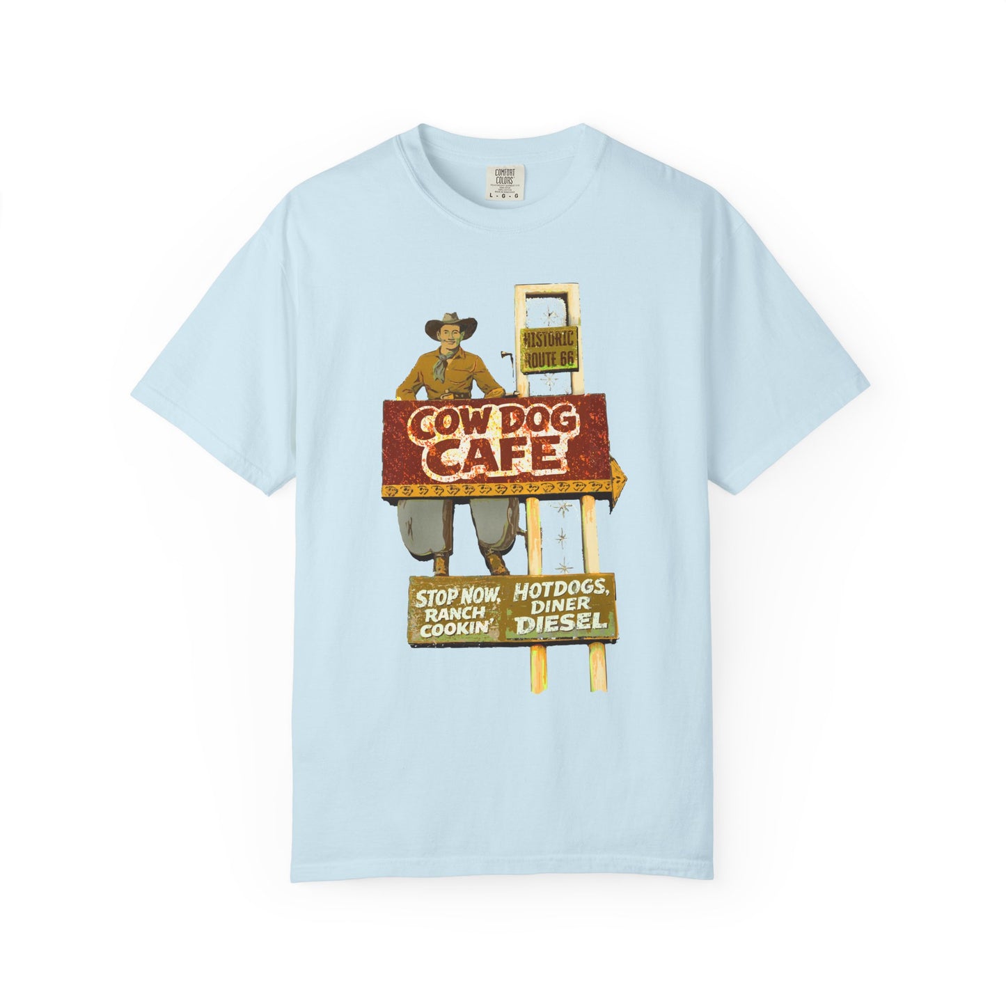 Cow Dog Cafe Vintage Roadside T-Shirt — Retro Route 66 Diner & Dog Lover Tee