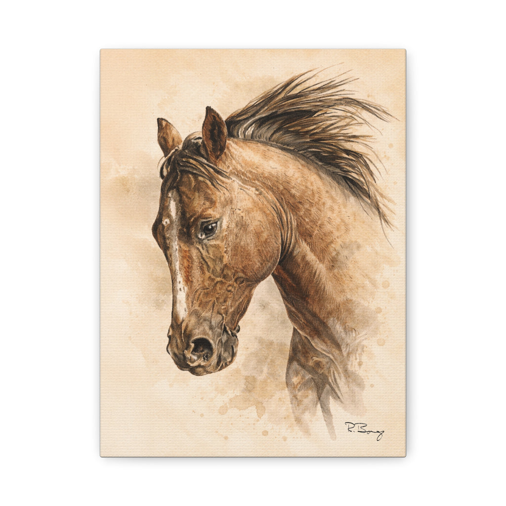 Quiet Working Horse Stretched Canvas — Graphite & Watercolor Ranch Art