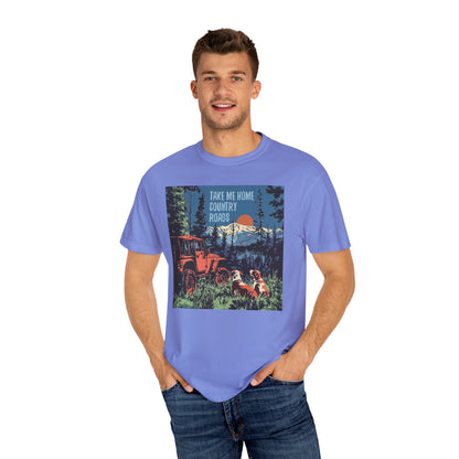 Country Roads Unisex T-Shirt, Dogs and Jeep Design