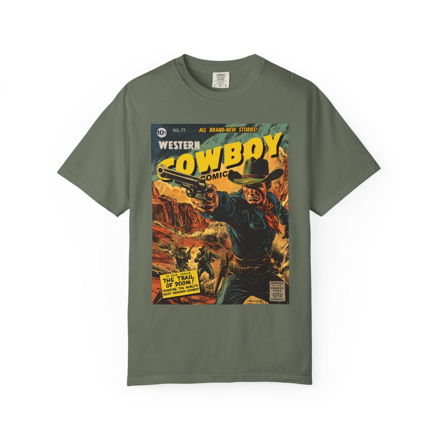 Western Comic Book T-Shirt - The Trail of Doom Unisex Garment-Dyed