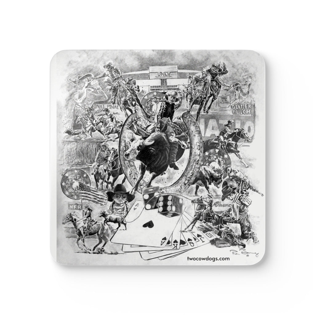 Rodeo Collage Corkwood Coaster Set — Two Cow Dogs Western Rodeo Art