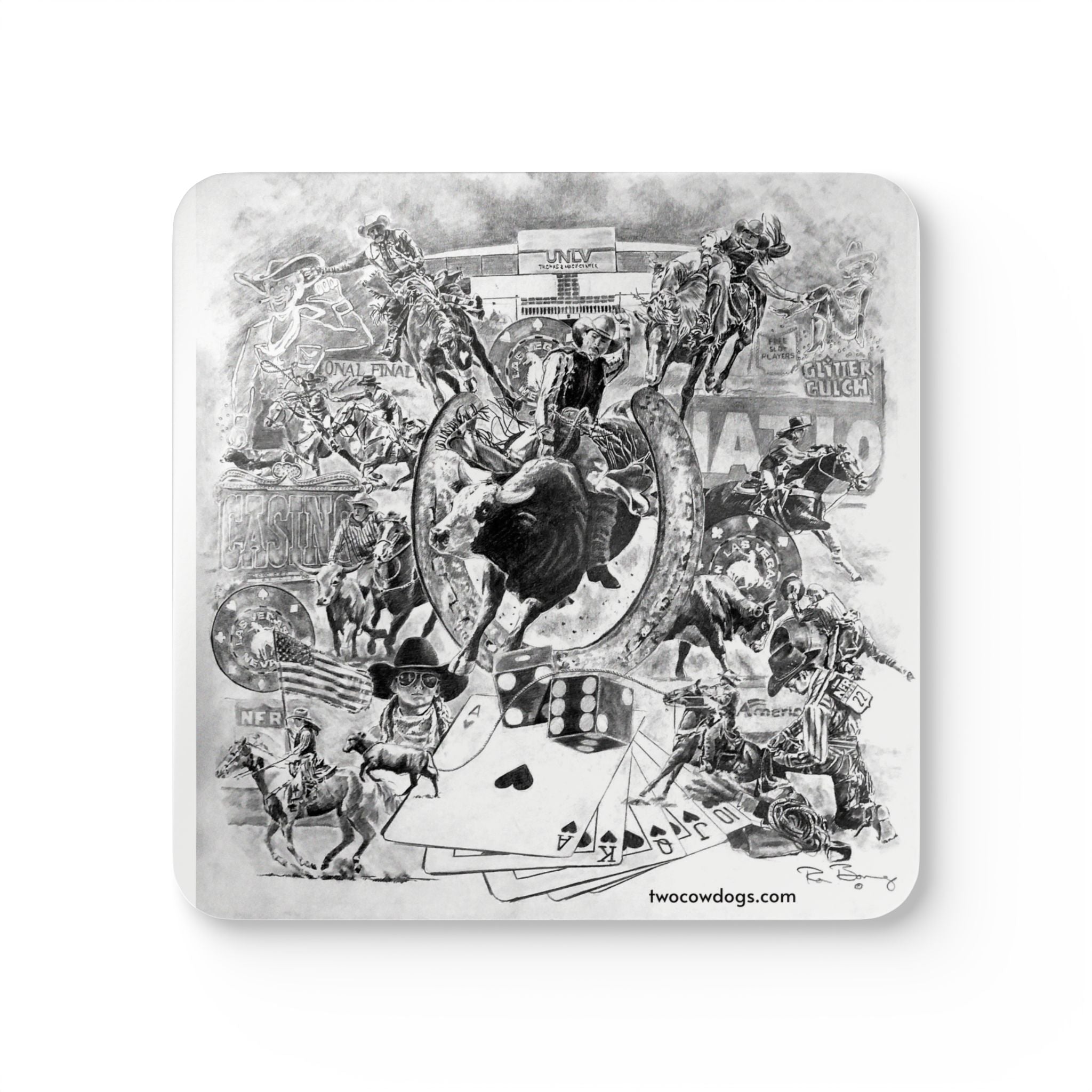 Rodeo Collage Corkwood Coaster Set — Two Cow Dogs Western Rodeo Art