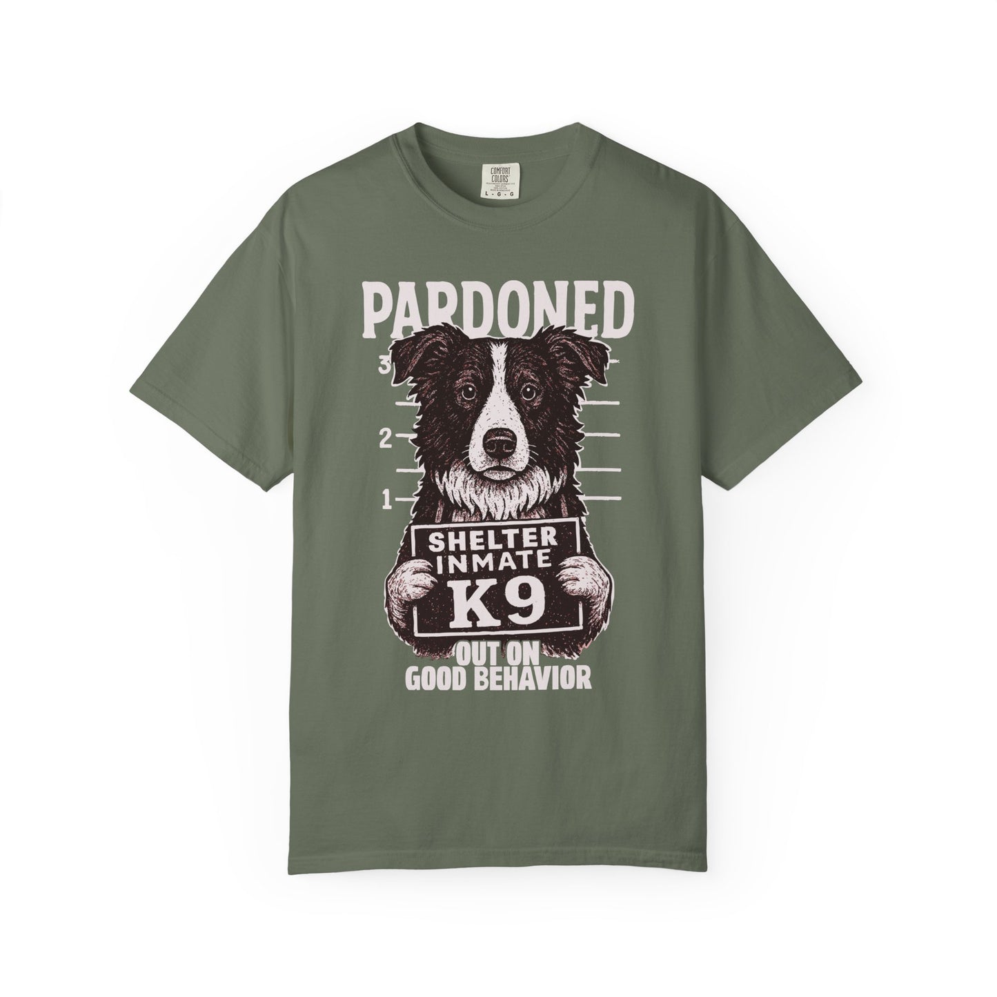Border Collie Mugshot TShirt - PARDONED OUT ON GOOD BEHAVIOR