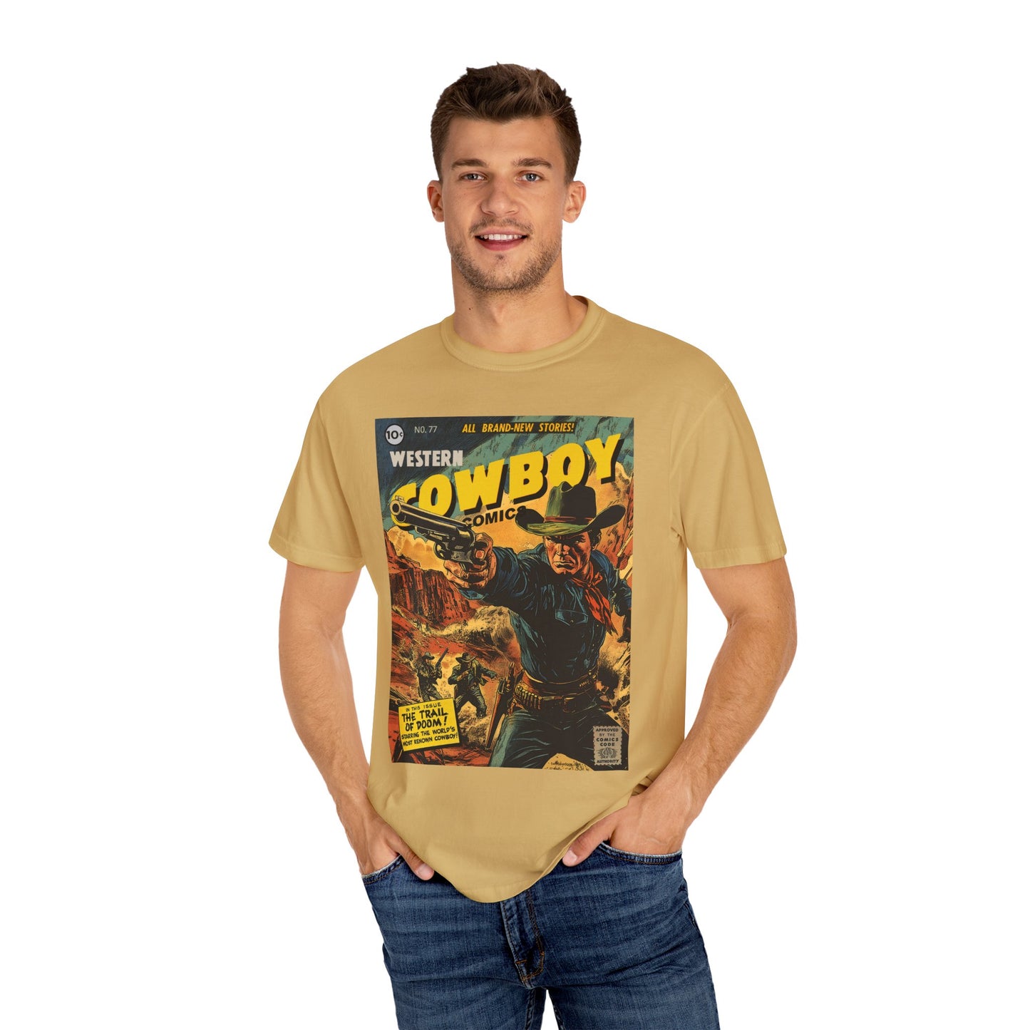 Western Comic Book T-Shirt - The Trail of Doom Unisex Garment-Dyed