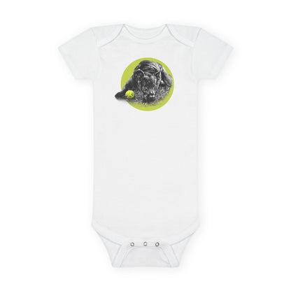 Baby Onesie - Yellow Ball, Black Dog Short Sleeve