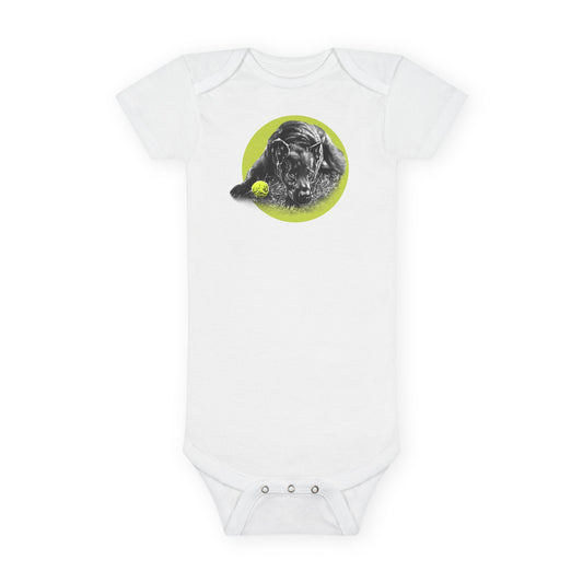 Baby Onesie - Yellow Ball, Black Dog Short Sleeve