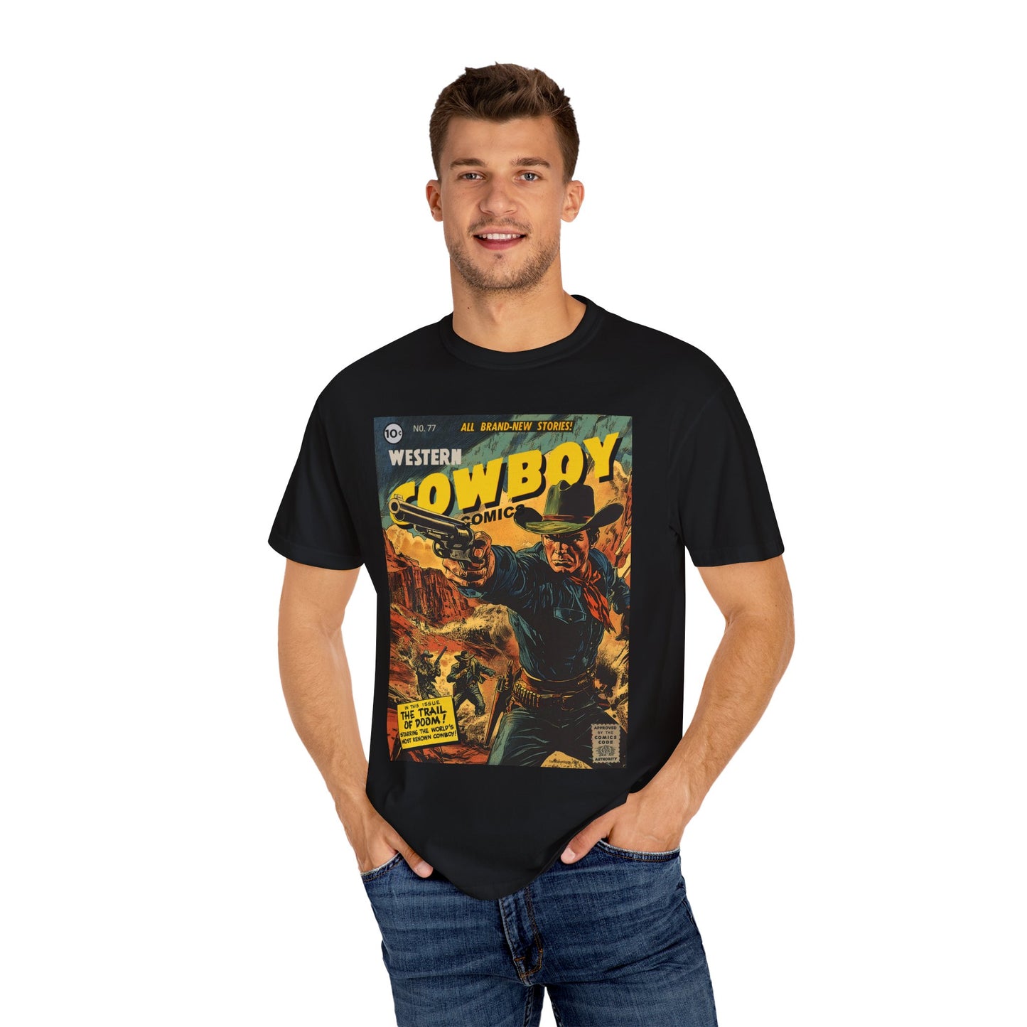Western Comic Book T-Shirt - The Trail of Doom Unisex Garment-Dyed