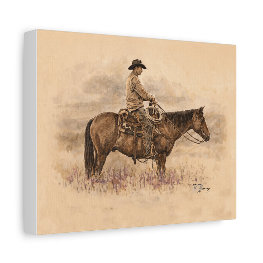 "Ready" Cowboy & Horse Watercolor Pencil Stretched Canvas