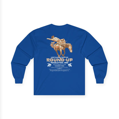 Pendleton Round‑Up 1910 Poster Long Sleeve Tee — Vintage Rodeo Bronc Rider