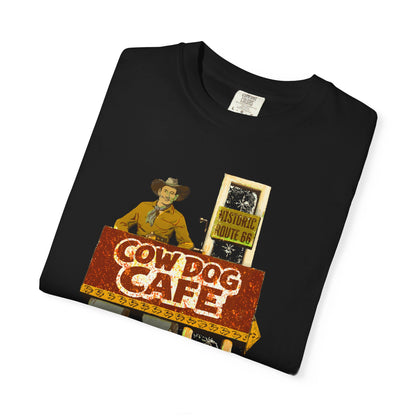 Cow Dog Cafe Vintage Roadside T-Shirt — Retro Route 66 Diner & Dog Lover Tee