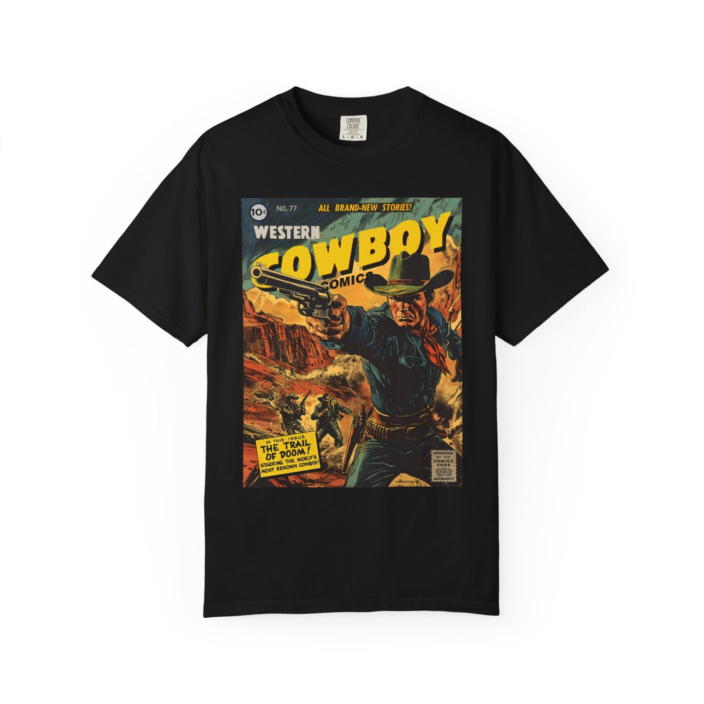 Western Comic Book T-Shirt - The Trail of Doom Unisex Garment-Dyed