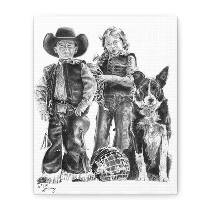 Mutton Busters and Border Collie, Custom Stretched Canvas