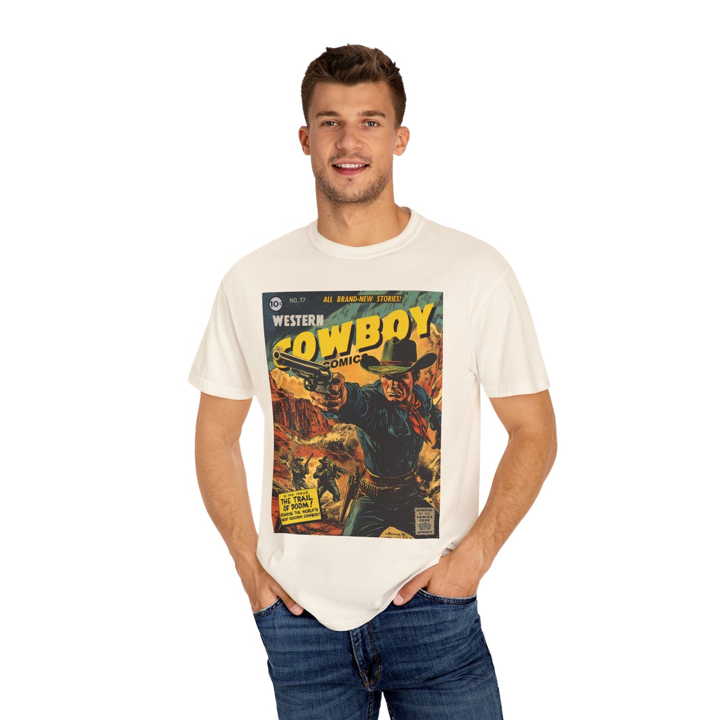 Western Comic Book T-Shirt - The Trail of Doom Unisex Garment-Dyed