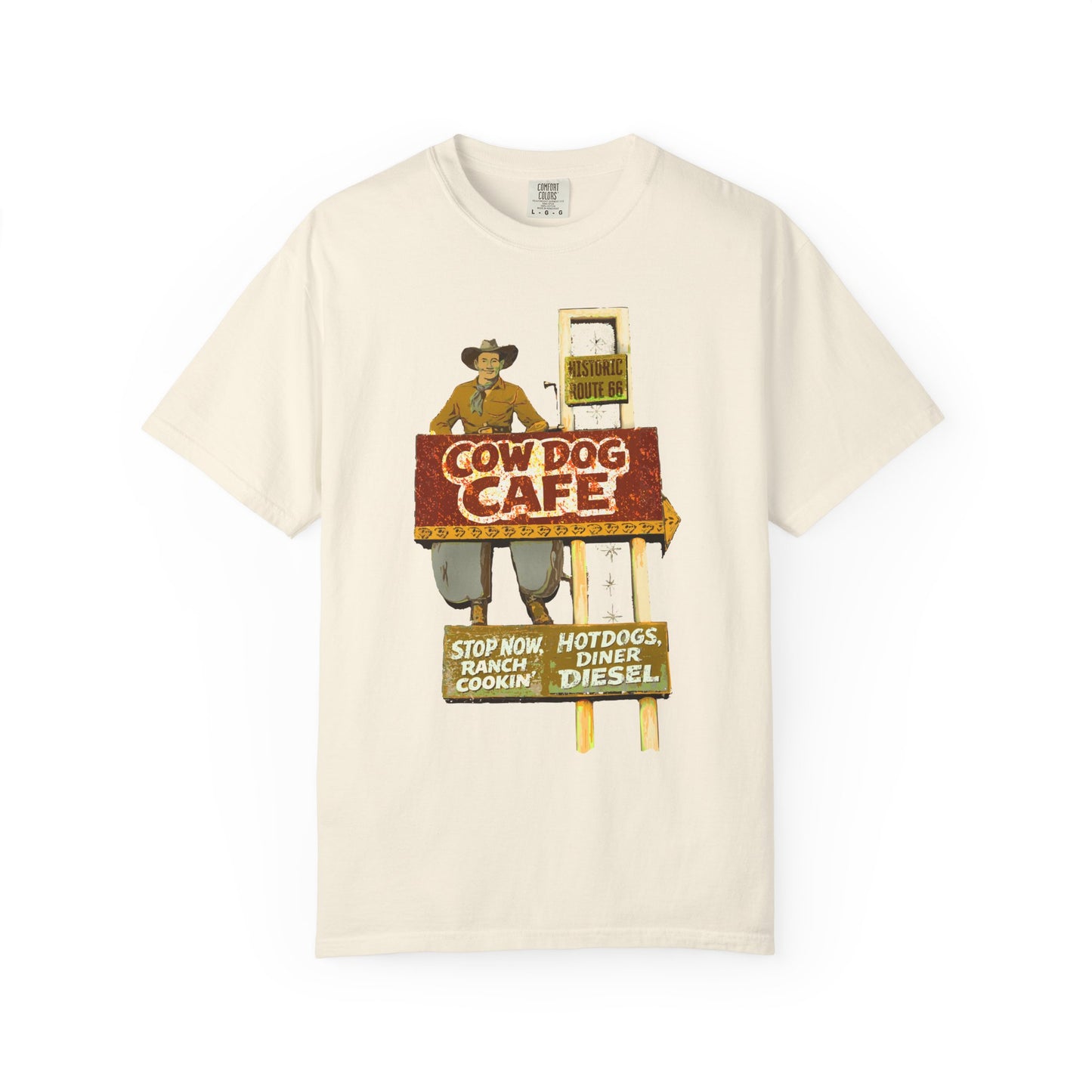 Cow Dog Cafe Vintage Roadside T-Shirt — Retro Route 66 Diner & Dog Lover Tee