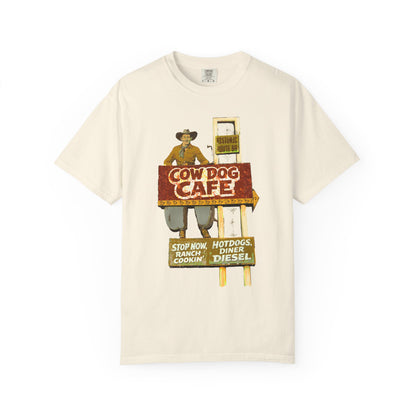 Cow Dog Cafe Vintage Roadside T-Shirt — Retro Route 66 Diner & Dog Lover Tee