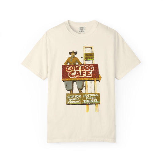 Cow Dog Cafe Vintage Roadside T-Shirt — Retro Route 66 Diner & Dog Lover Tee