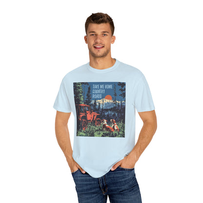 Country Roads Unisex T-Shirt, Dogs and Jeep Design