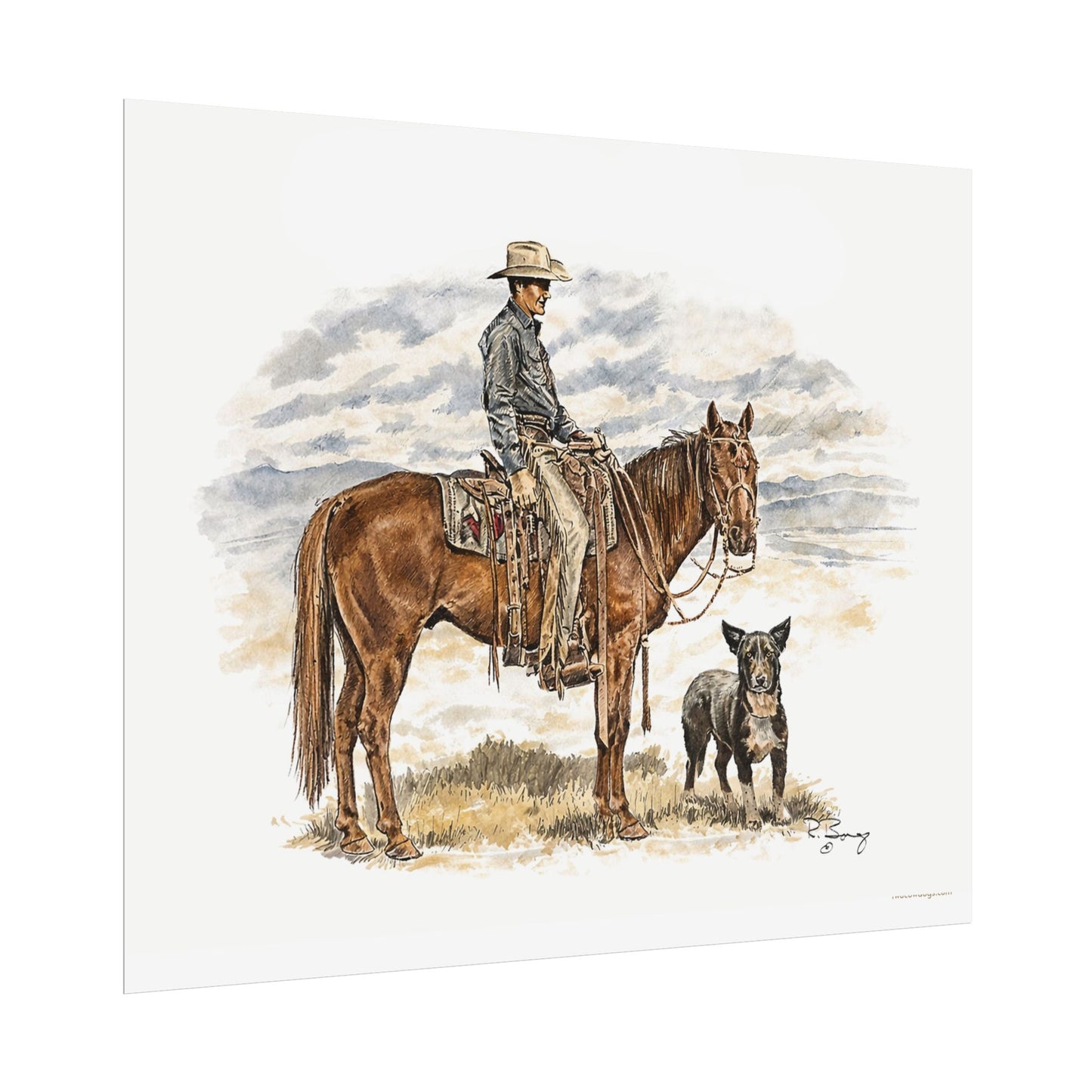 Cowboy, Horse and Dog Print on Fine Art Paper