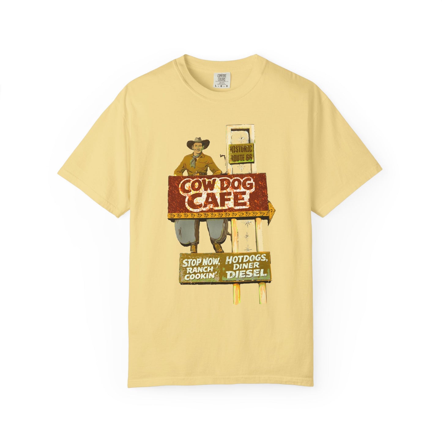 Cow Dog Cafe Vintage Roadside T-Shirt — Retro Route 66 Diner & Dog Lover Tee
