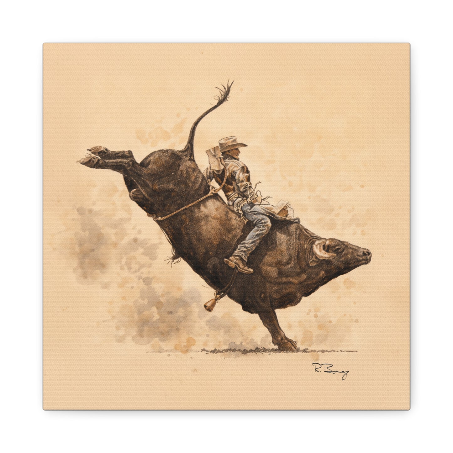 Bull Rider Rodeo Stretched Canvas Art — Watercolor & Pencil Western Wall Decor