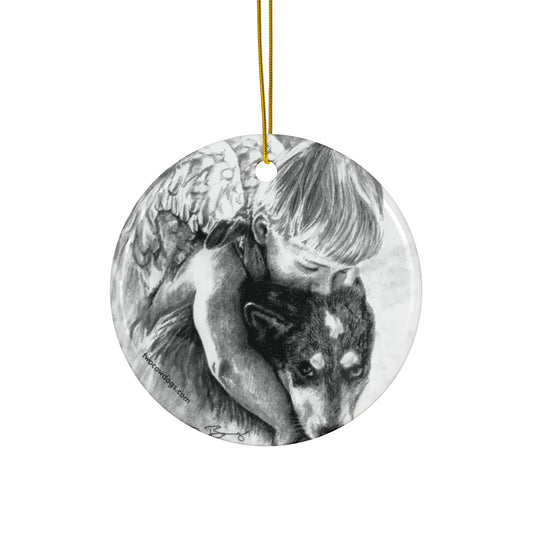 Angelic Child Hugging Cowdog Ceramic Ornament — Pet Memorial Christmas Ornament