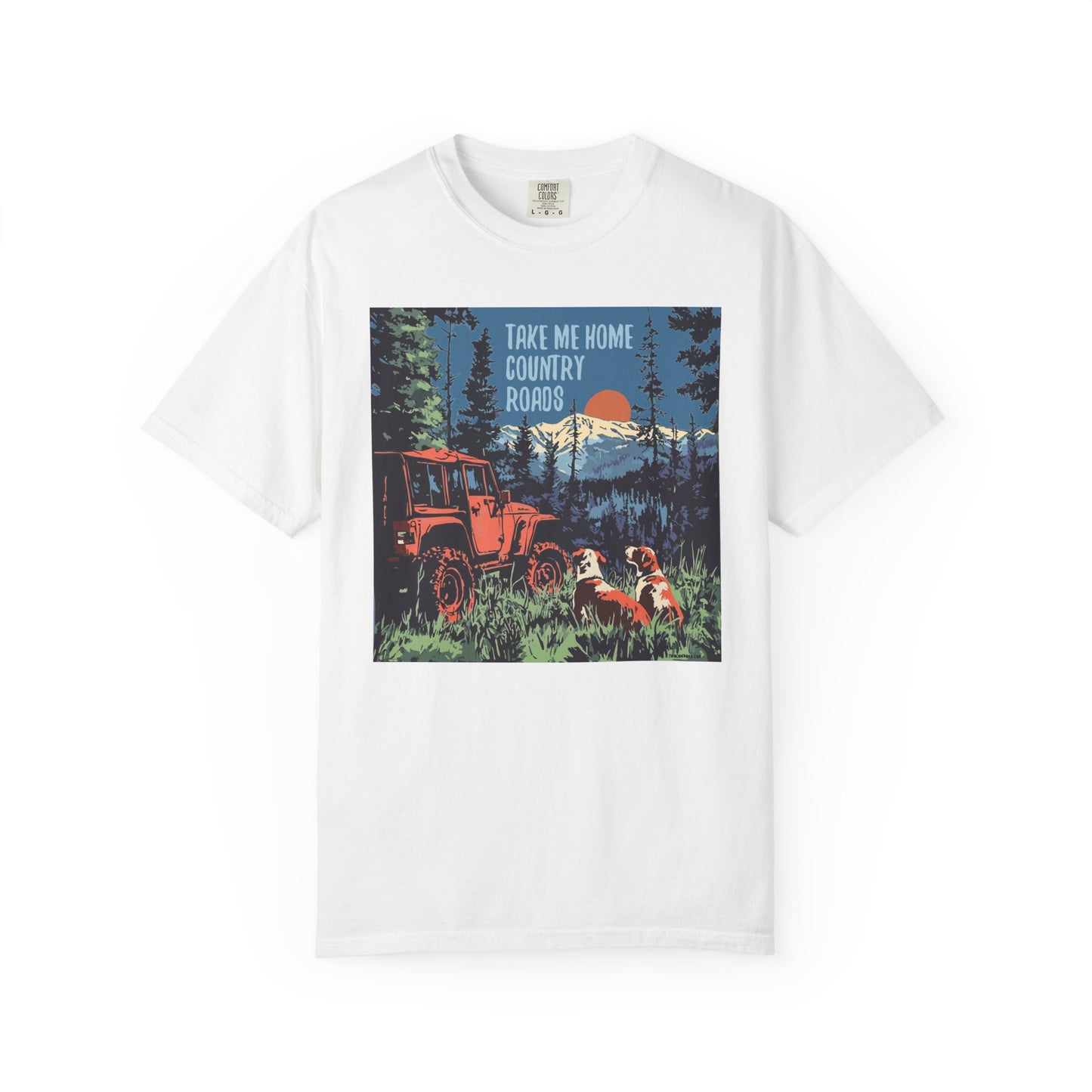 Country Roads Unisex T-Shirt, Dogs and Jeep Design