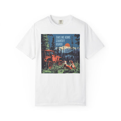 Country Roads Unisex T-Shirt, Dogs and Jeep Design