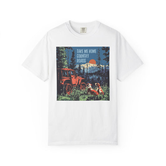 Country Roads Unisex T-Shirt, Dogs and Jeep Design