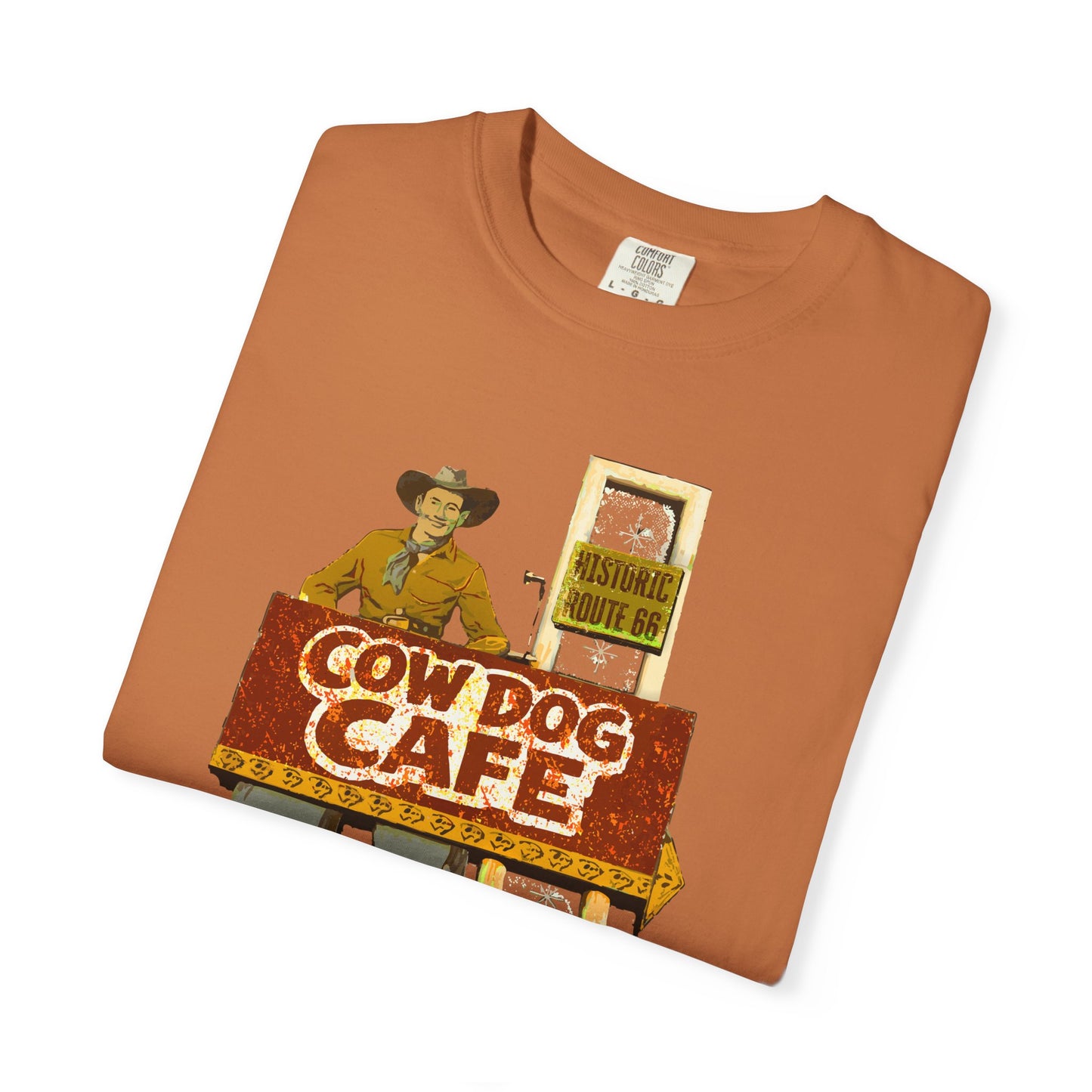 Cow Dog Cafe Vintage Roadside T-Shirt — Retro Route 66 Diner & Dog Lover Tee
