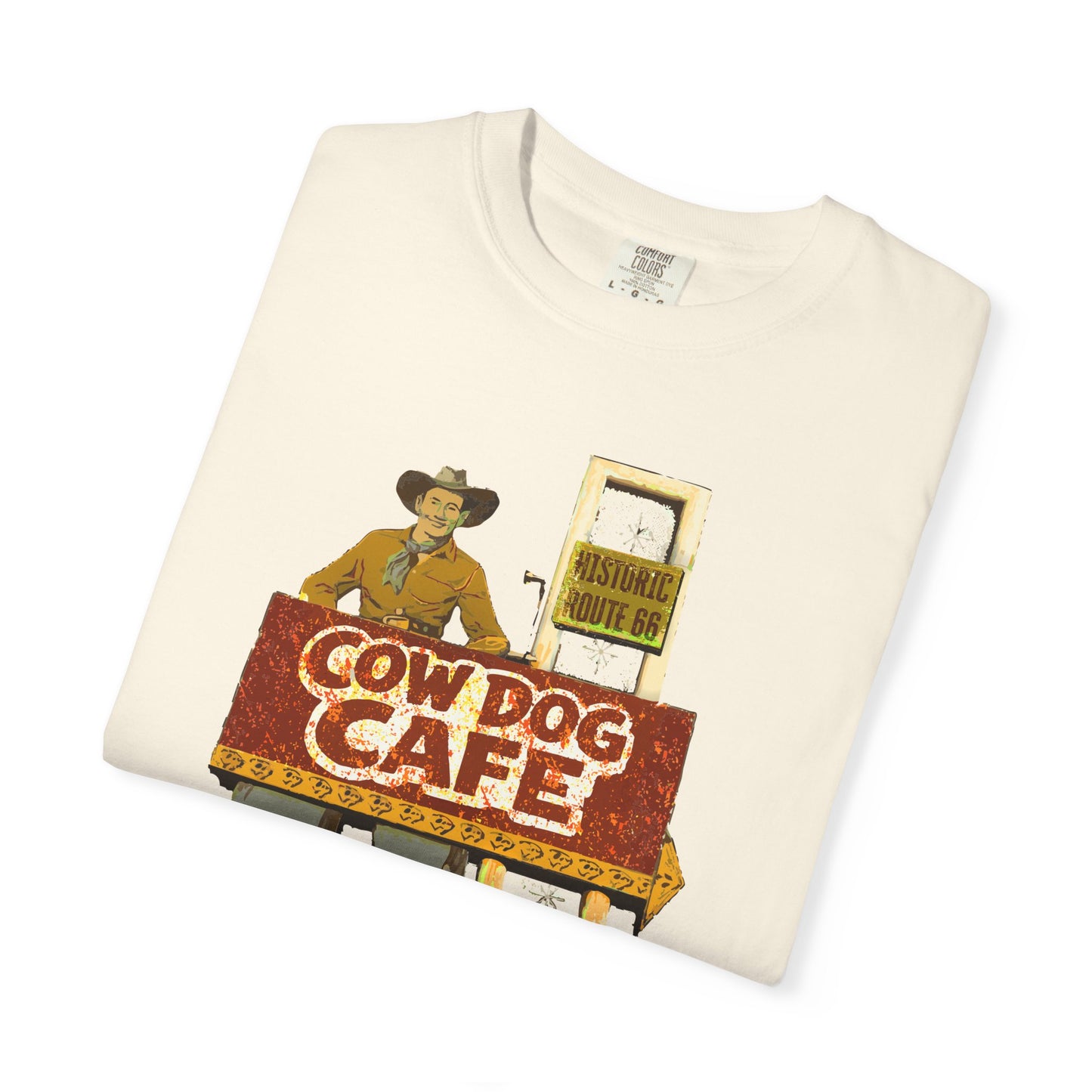 Cow Dog Cafe Vintage Roadside T-Shirt — Retro Route 66 Diner & Dog Lover Tee