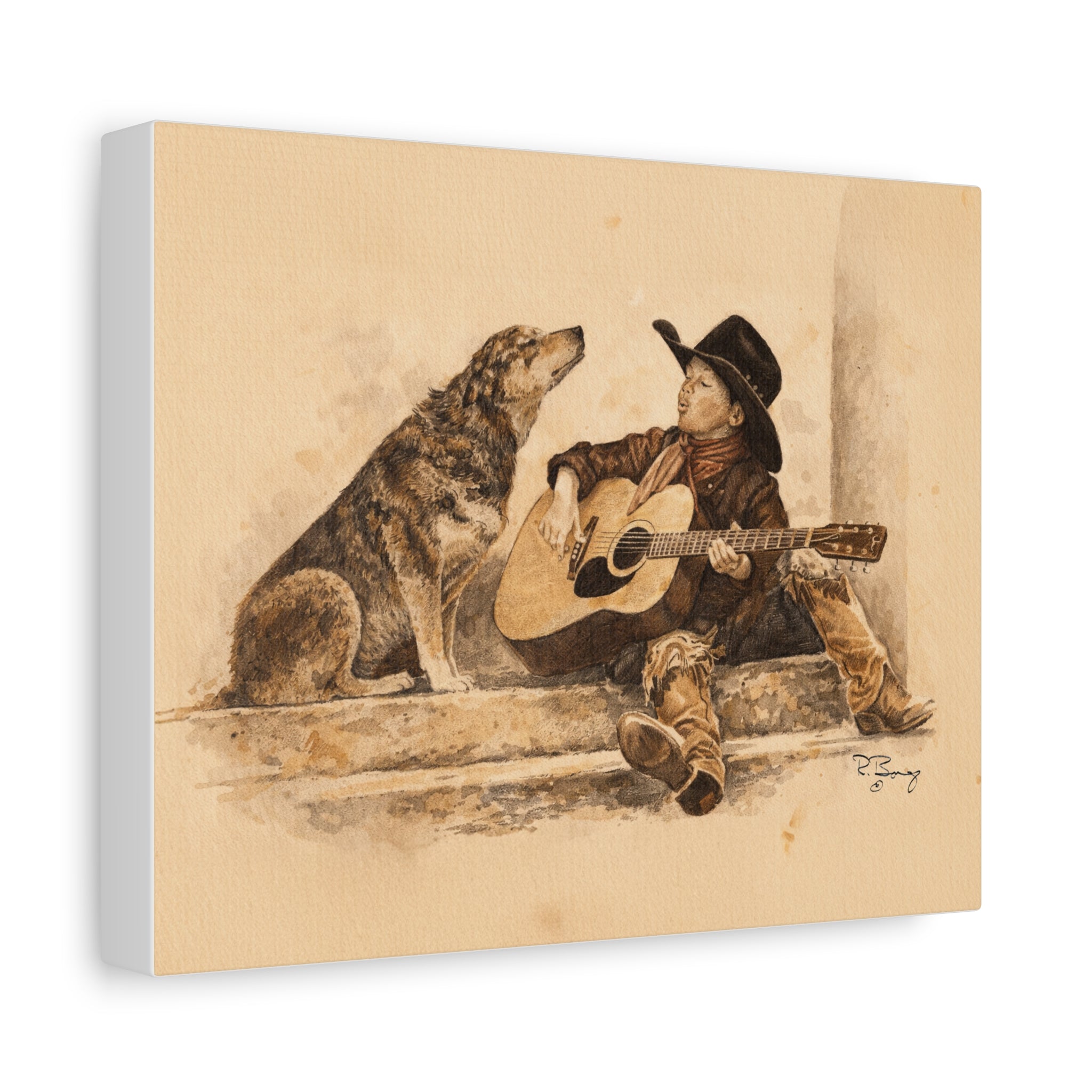 Cowboy Crooners Heeler & Little Cowboy Stretched Canvas Print