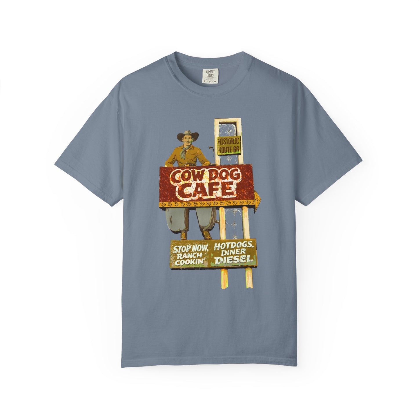 Cow Dog Cafe Vintage Roadside T-Shirt — Retro Route 66 Diner & Dog Lover Tee