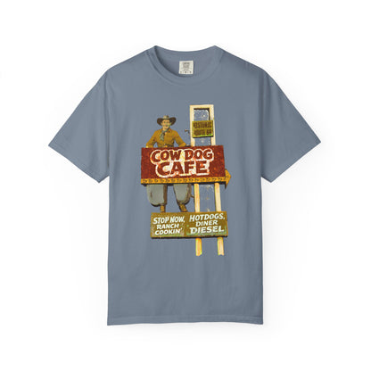 Cow Dog Cafe Vintage Roadside T-Shirt — Retro Route 66 Diner & Dog Lover Tee
