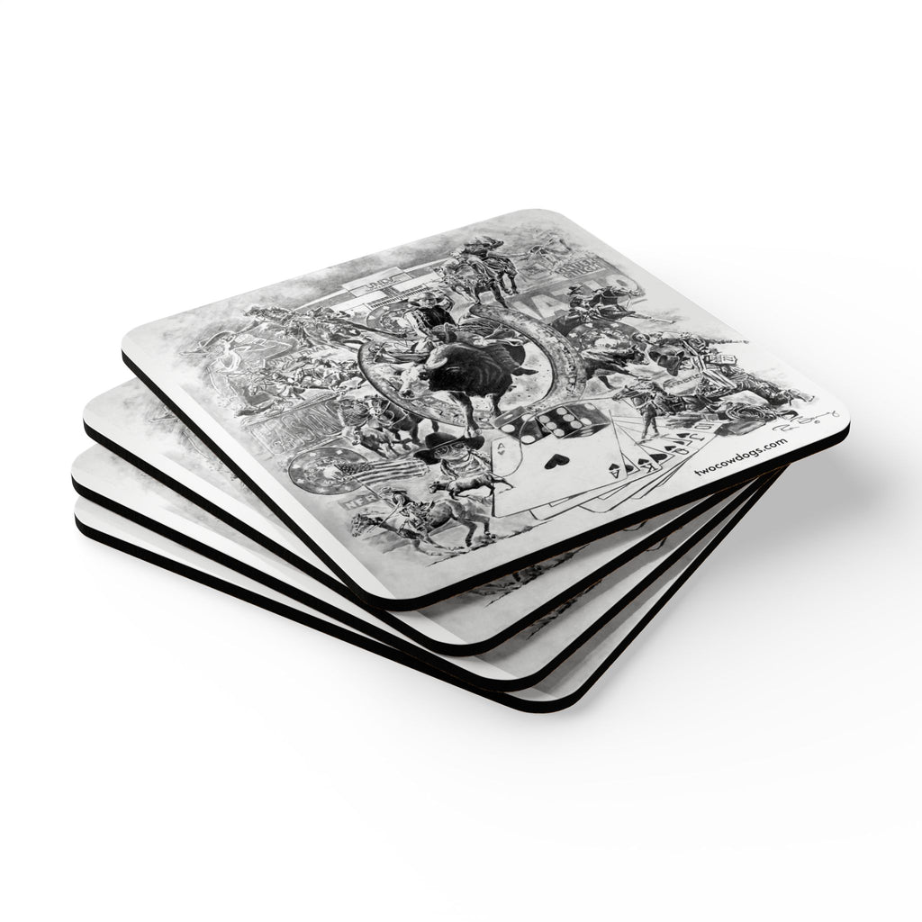 Rodeo Collage Corkwood Coaster Set — Two Cow Dogs Western Rodeo Art