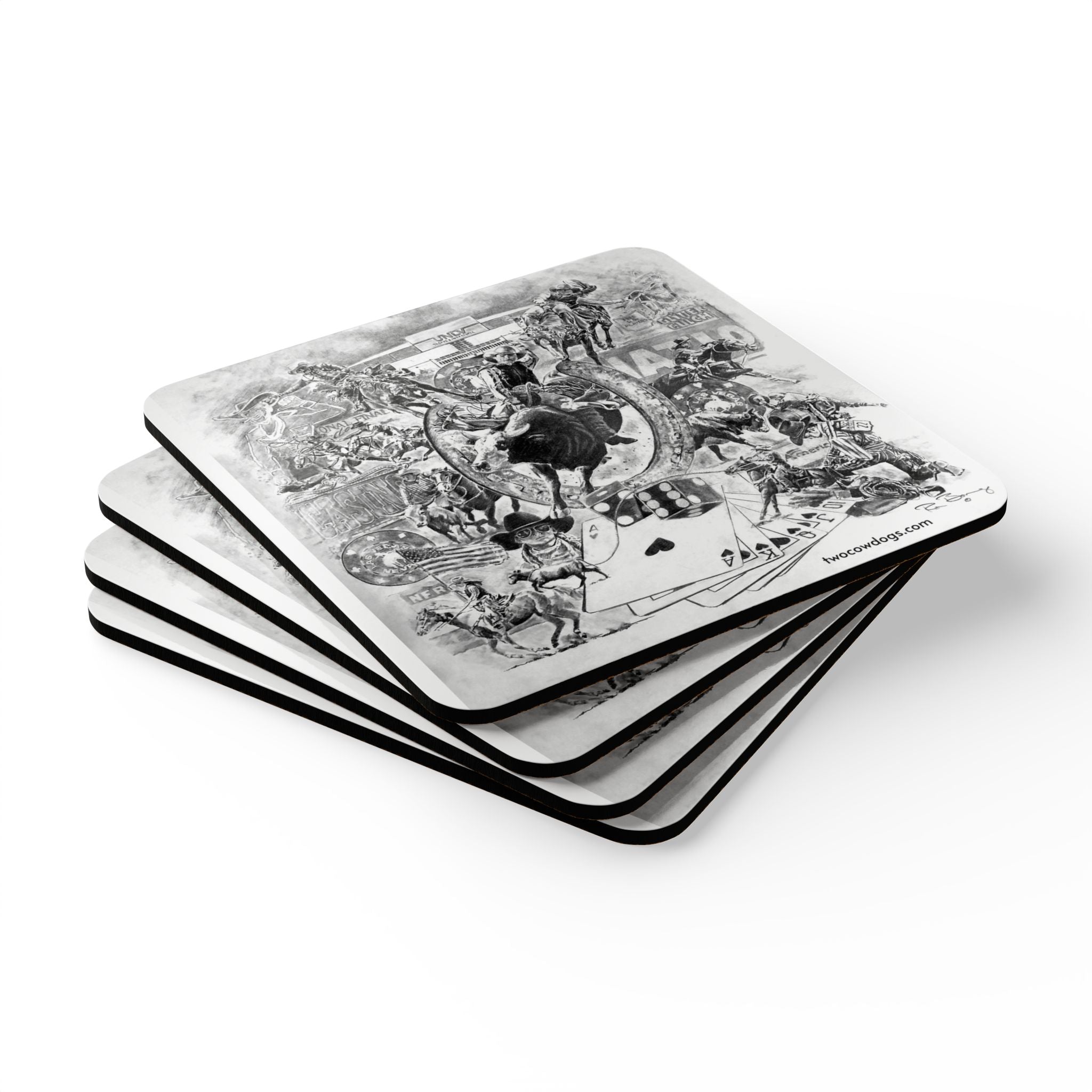 Rodeo Collage Corkwood Coaster Set — Two Cow Dogs Western Rodeo Art