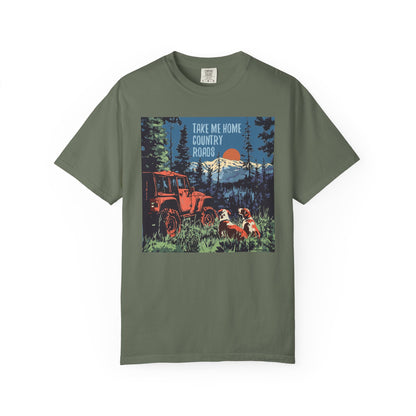 Country Roads Unisex T-Shirt, Dogs and Jeep Design