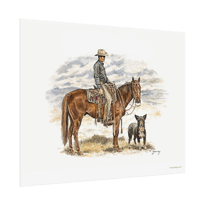 Cowboy, Horse and Dog Print on Fine Art Paper