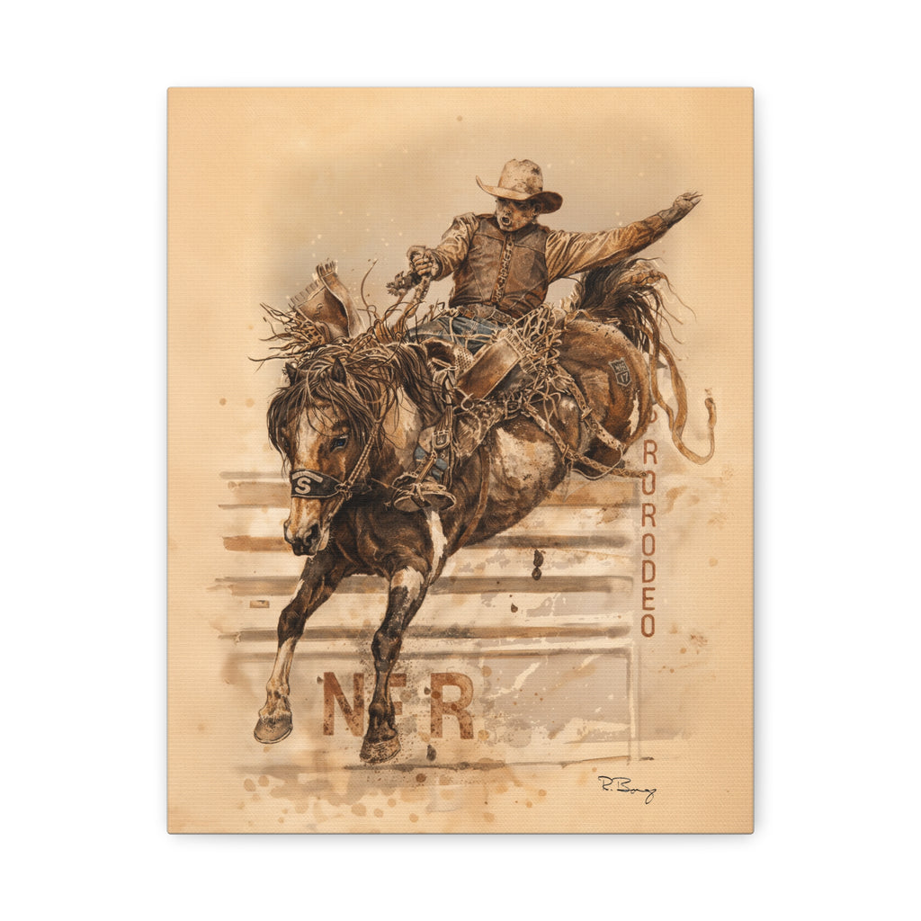 Bronc Rider Stretched Canvas Art — Rodeo Cowboy Watercolor Print