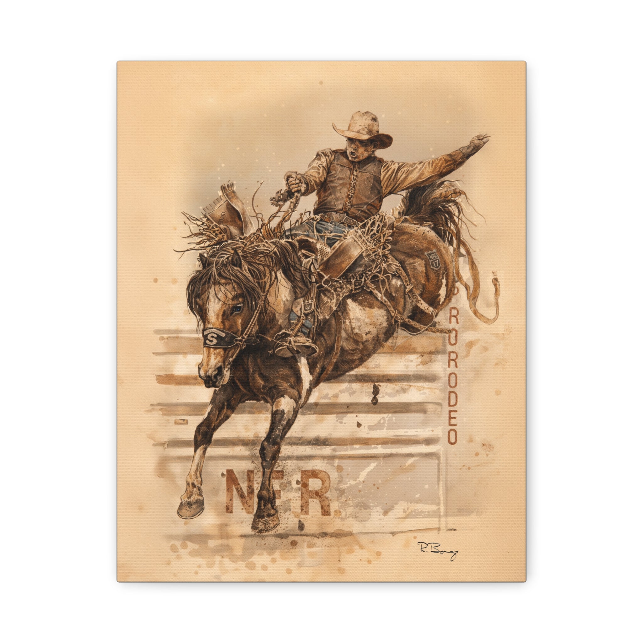 Bronc Rider Stretched Canvas Art — Rodeo Cowboy Watercolor Print