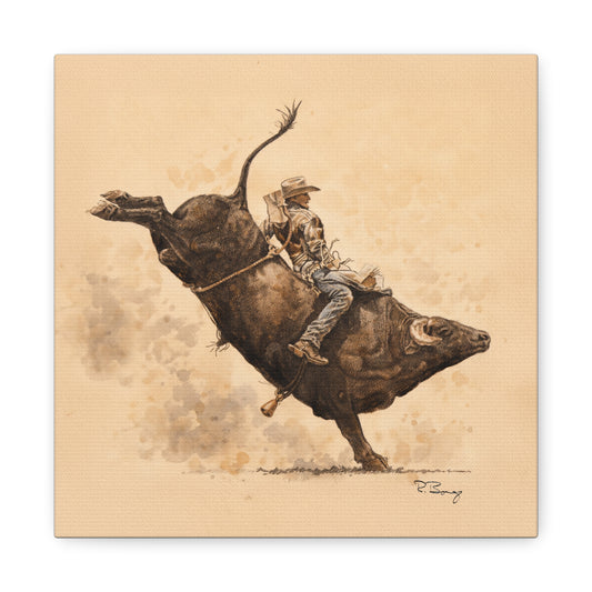 Bull Rider Rodeo Stretched Canvas Art — Watercolor & Pencil Western Wall Decor