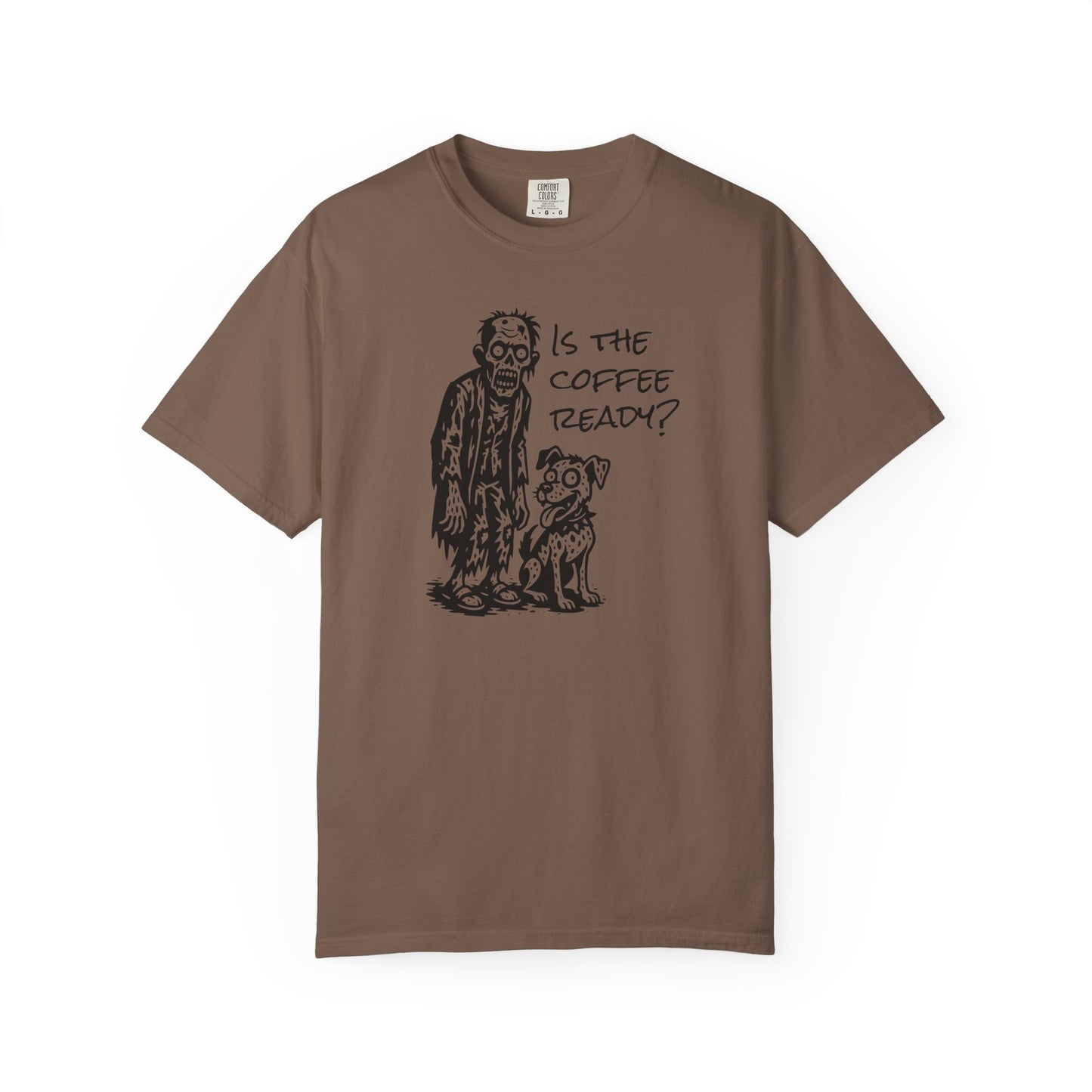 Is the Coffee Ready? Zombie & Pup Tee — Graphic T-Shirt for Coffee Lovers
